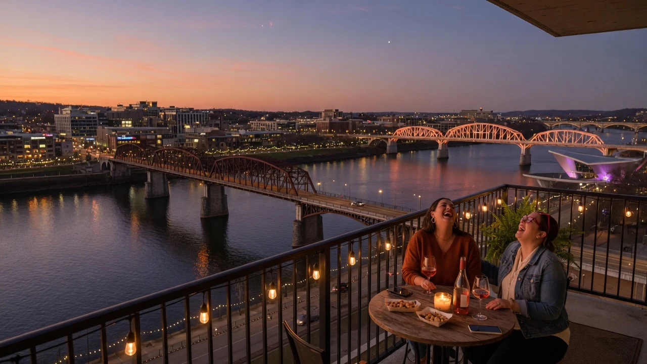 Friends on a terrace above the Tennessee River at dusk