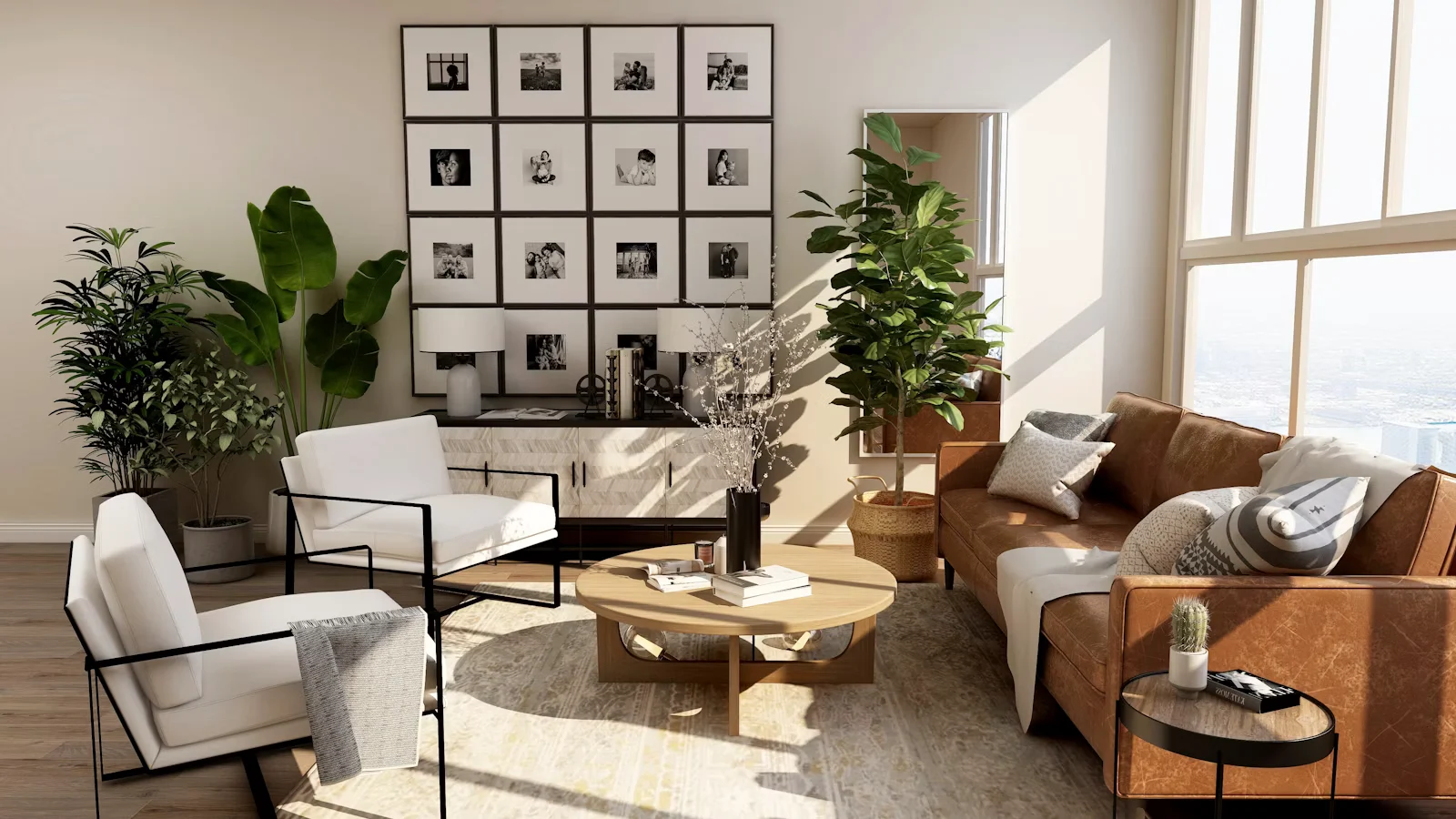 Long living room with a sofa and a run of windows