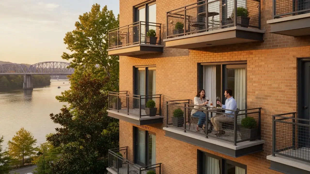 Brick riverfront apartments at golden hour, a couple on a balcony