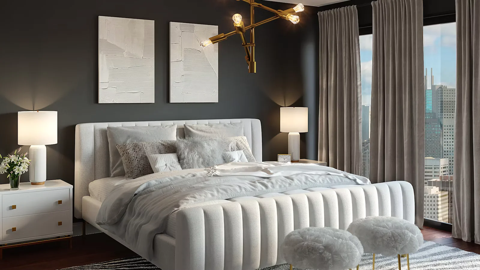 Bedroom with a made bed and linen bedding
